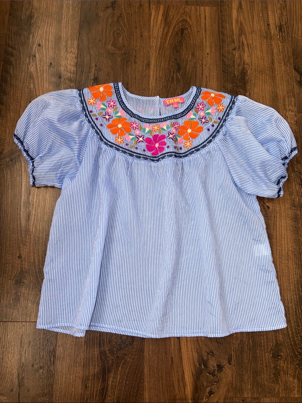 NWOT THML Light Blue Striped Puff-Sleeve Top with Floral Embroidery
